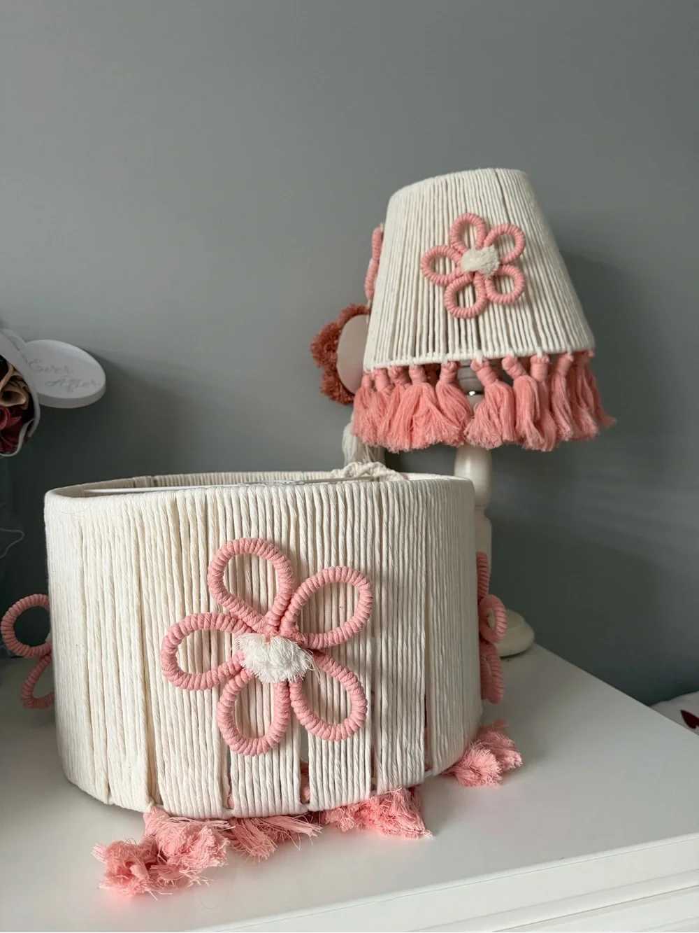 Handmade Cream and Pink Floral Macrame Table Lamp and Shade Set